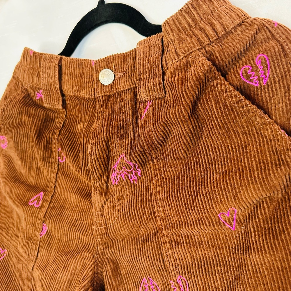 Brown Corduroy Pants with Pink Heart Embroidery - Picture 3 of 10